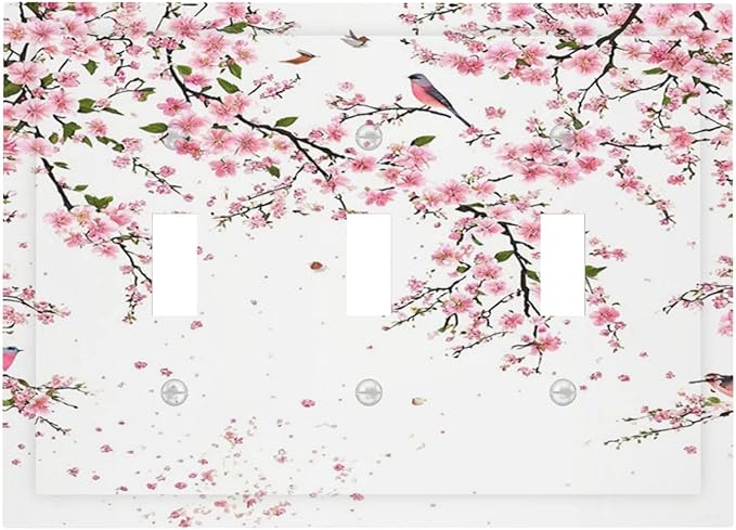 Decorative Light Switch Plate Covers Rustic Plum Blossom Pink Flowers 3 Gang Light Switch Cover Triple Toggle Wall Plate Outlet Covers for Country Home Bedroom Decor