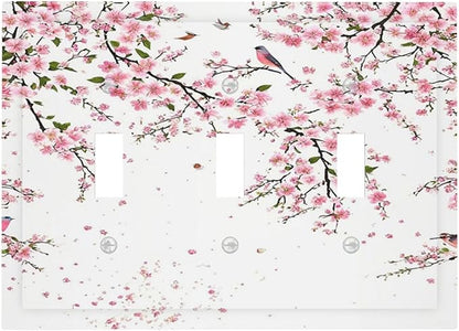Decorative Light Switch Plate Covers Rustic Plum Blossom Pink Flowers 3 Gang Light Switch Cover Triple Toggle Wall Plate Outlet Covers for Country Home Bedroom Decor