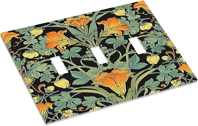 Decorative Switch Plates William Morris Vintage Floral Green Yellow 3 Gang Wall Plate Triple Toggle Light Switch Cover Faceplate Electrical Wall Panels for Bedroom Home Decor