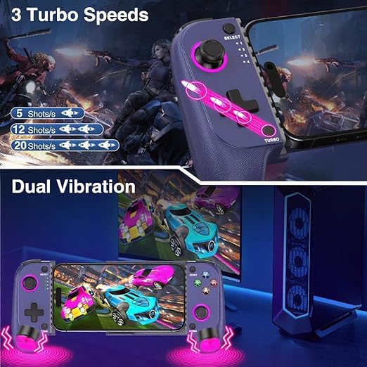 NealGamefy Phone Controller for iPhone/Android - Mobile Gaming Controller with Hall Effect Joystick, Phone Case Support,Turbo Function, Dual Vibration- Phone Controller Compatible with More Games