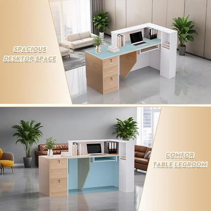 L-Shaped Modern Reception Desk with Counter & Storage - 71" Large Office Front Desk, Salon Checkout Counter with Lockable Cabinets, Shelves(Oak & White, Left - 71''L x 34''W x 41''H)