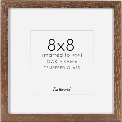 Fun Memories 8x8 Square Picture Frame, Solid Oak Wood 8"x8" Photo Frames - Real Tempered Glass, 8x8 Frame with Stand for Tabletop Display, 8 x 8 Wood Frame for Wall (Walnut Color, 1 Pack)