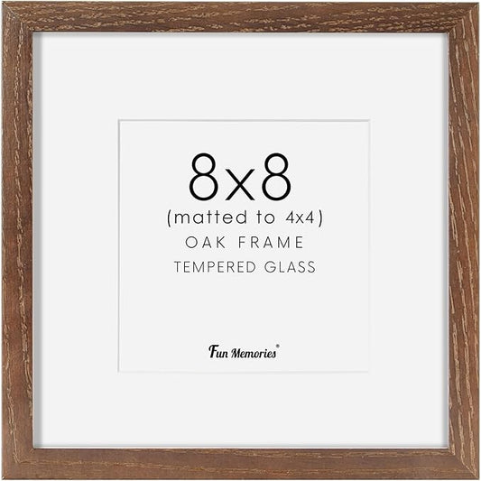 Fun Memories 8x8 Square Picture Frame, Solid Oak Wood 8"x8" Photo Frames - Real Tempered Glass, 8x8 Frame with Stand for Tabletop Display, 8 x 8 Wood Frame for Wall (Walnut Color, 1 Pack)