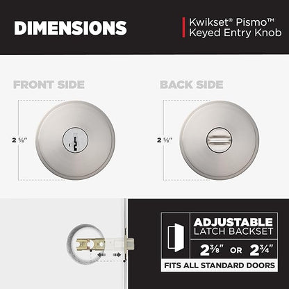 Kwikset Pismo Entry Door Knob with Lock and Key, Secure Keyed Handle Exterior, Front Entrance and Bedroom, Satin Nickel, 4 Pack, Pick Resistant SmartKey Rekey Security and Microban