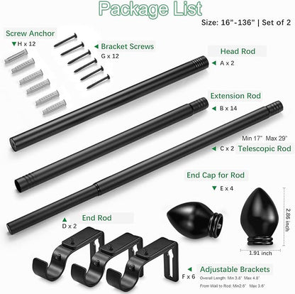 Curtain Rods for Windows 16 to 136 inches, Curtain Rod Max Adjustable Length to 146 in, Drapery Rod 1 inch Diameter with Modern Knobs Finials (Black, 16" to 136" - Set of 2)