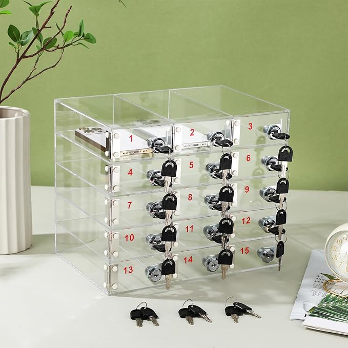 Layhit 15 Slots Cell Phone Locker Box for Classroom Clear Acrylic Cell Phone Storage Cabinet Bin with Door Locks for Classroom School Students Office Factory Employees