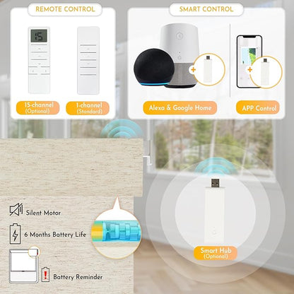 Persilux Smart Motorized Blinds with Remote, No Drill Automatic Roller Shades for Indoor Windows, Blackout Linen Fabric, Electric Blinds for Windows, Linen Cream C156BO-1, Custom Size