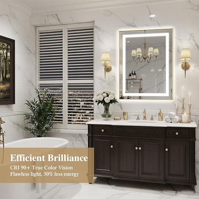 24X32 Inch LED Bathroom Mirror with Lights, Gold Frame Frontlit+ Backlit Bathroom Vanity Mirror for Wall, Ultra-Clear Tempered Glass, Shatter-Proof, Anti-Fog and Memory Function, ETL Listed