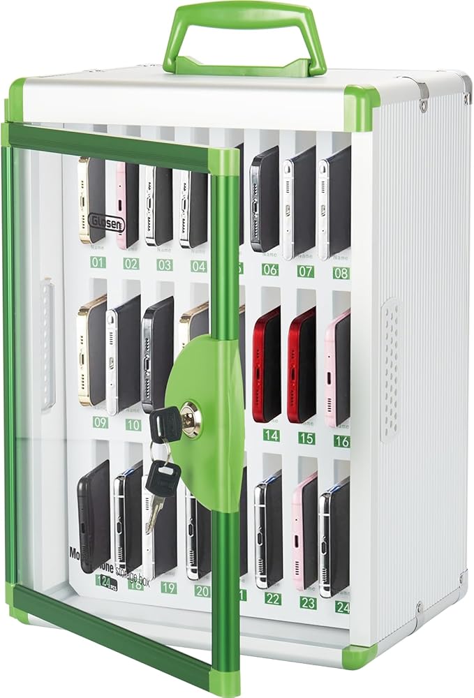 Glosen 24 Slots Cell Phone Locker, Portable Phone Storage Cabinet [Wall Mounted] [Aluminum Alloy] Cellphone Lock Box with Key & Handle for School Classroom Office Exam (Green)