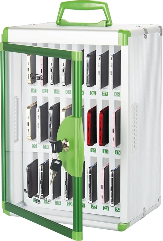 Glosen 24 Slots Cell Phone Locker, Portable Phone Storage Cabinet [Wall Mounted] [Aluminum Alloy] Cellphone Lock Box with Key & Handle for School Classroom Office Exam (Green)