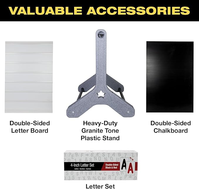 Swinging Changeable Message Sidewalk Sign: 24" x 36" Sign with 792 Pre-Cut Double Sided Letters and Storage Box. Includes Black Board & Letter Board (Granite Color Legs)