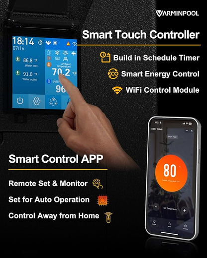 Pro Invert 58000BTU Smart Electric Pool Heater for 18000 Gals Above Ground and Ingroud Pools, Heat Pump with WiFi Capable & Timer Function Controller, Heat&Cool, 220V
