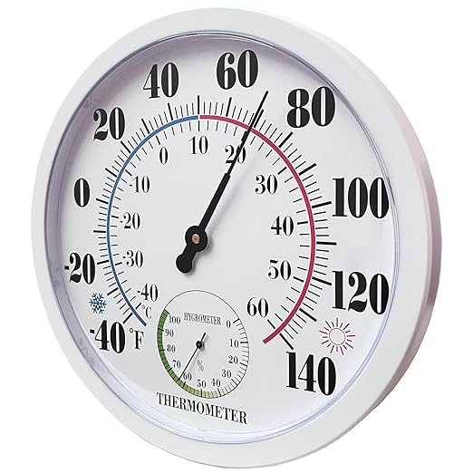 Outdoor Thermometer Hygrometer, 10 Inch Round Large White Gauge with Easy to Read Face, Waterproof Wall Mount for Patio, Garden, Garage, Home Outside Temperature and Humidity Monitor