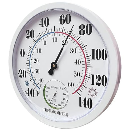 Outdoor Thermometer Hygrometer, 10 Inch Round Large White Gauge with Easy to Read Face, Waterproof Wall Mount for Patio, Garden, Garage, Home Outside Temperature and Humidity Monitor