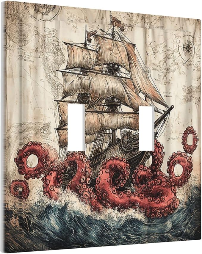 Decorative Switch Plates Vintage Octopus Ocean Sailboat Bizarre Adventure 2 Gang Double Toggle Wall Plate Outlet Light Switch Cover Electrical Faceplate for Bathroom Kids room Decor