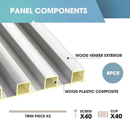 OUZUGIE WPC Acoustic Slat Wall Paneling, 8-Pack 114 x 6 Inches 3D Wall Panels for Interior Wall Decor,Living Room,TV Background,Study Room,Office Spaces,Bedroom,High Grille (Metallic Silver)