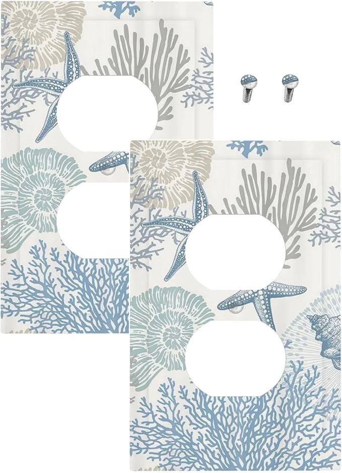 Decorative Outlet Covers Blue Starfish Coral Seaweed 1 Gang Duplex Light Switch Cover Plate Unique Wall Plate Electrical Switch Plate Covers for Bathroom Bedroom Decor（2 Pack）