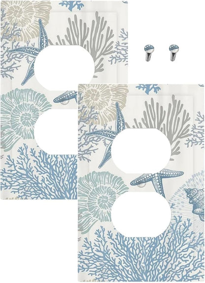 Decorative Outlet Covers Blue Starfish Coral Seaweed 1 Gang Duplex Light Switch Cover Plate Unique Wall Plate Electrical Switch Plate Covers for Bathroom Bedroom Decor（2 Pack）