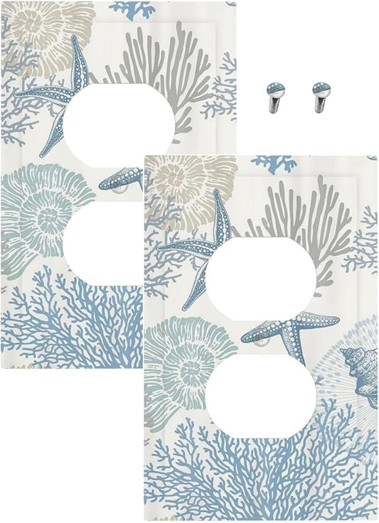 Decorative Outlet Covers Blue Starfish Coral Seaweed 1 Gang Duplex Light Switch Cover Plate Unique Wall Plate Electrical Switch Plate Covers for Bathroom Bedroom Decor（2 Pack）