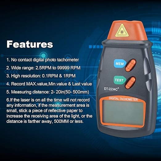 FITNATE Digital Laser Photo Tachometer Non Contact RPM Tach, Noncontact Laser Photo Sensor with 2.5RPM to 99999 RPM