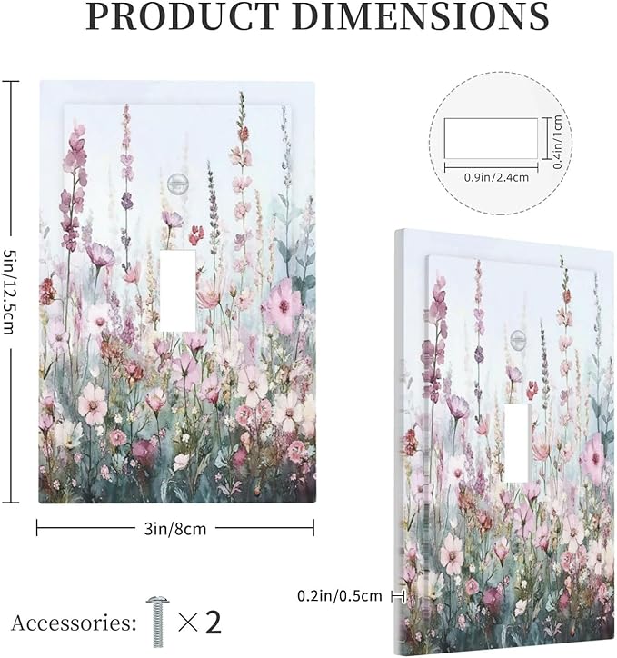 Pink Floral Watercolor Botanical Wildflowers Decorative Light Switch Cover 1 Gang Single Toggle Device Electrical Faceplate Switchplates Decorator Outlet Wall Plate For Bed Room Living Room Decor