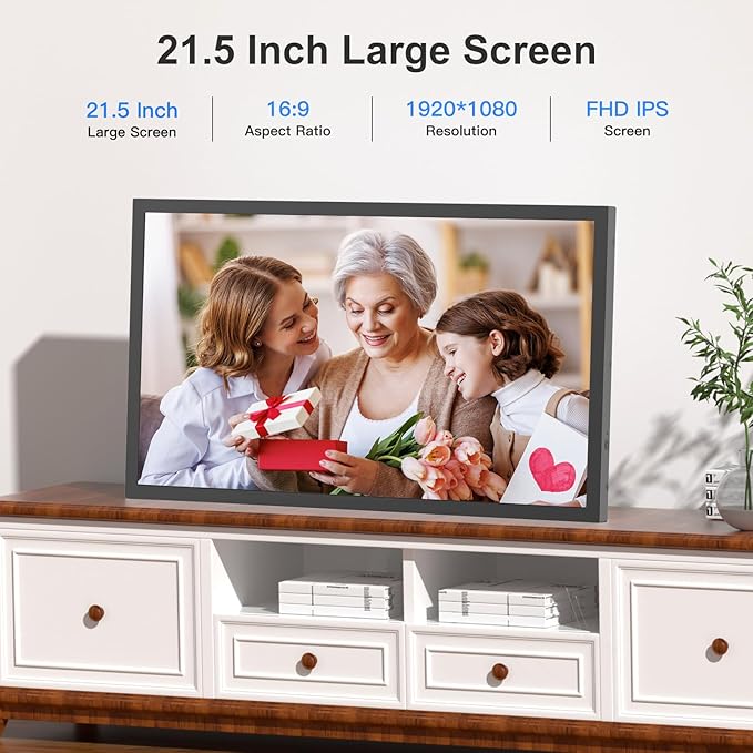 Large Digital Picture Frame 21.5 inch WiFi-Photo-Frame - 32GB, 1920x1080 IPS FHD, Auto Rotate, Load Photos Videos from Phone via App Email, Free Cloud Storage, Wall Mounted, Gift for Father Mother
