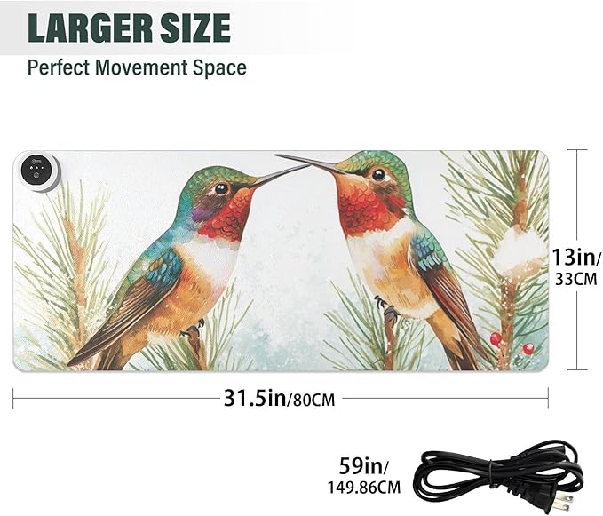 Heated Desk Pad Mouse Pad 31.5x13 Inch PU Leather Desk Mat with 3 Heat Levels Large Mouse Gaming Computer Laptop Mat Cartoon Hummingbirds and Pine Tree