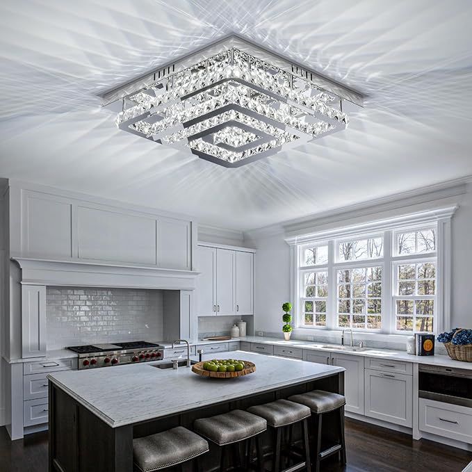 34" Modern Crystal Chandelier with Remote/App Control, Dimmable Flush Mount Ceiling Light Fixture, 3-Color Temperature, Led Ceiling Lamp for Living Room Bedroom Kitchen Dining Room Entryway