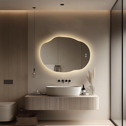 LED Mirror for Bathroom 25x35, Stepless Dimmable Irregular Backlit Mirror with 3 Colors, Anti-Fog, Memory, Al-Alloy Lampshade, Frameless Vanity Mirror for Bathroom (Horizontal/Vertical)