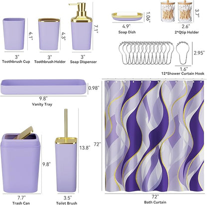 Purple Bathroom Accessories, Bathroom Sets with Stripe Shower Curtain, Purple and Gold Bathroom Accessories Set with Trash Can, Soap Dispenser, Soap Dish, Qtip Holders for Bathroom