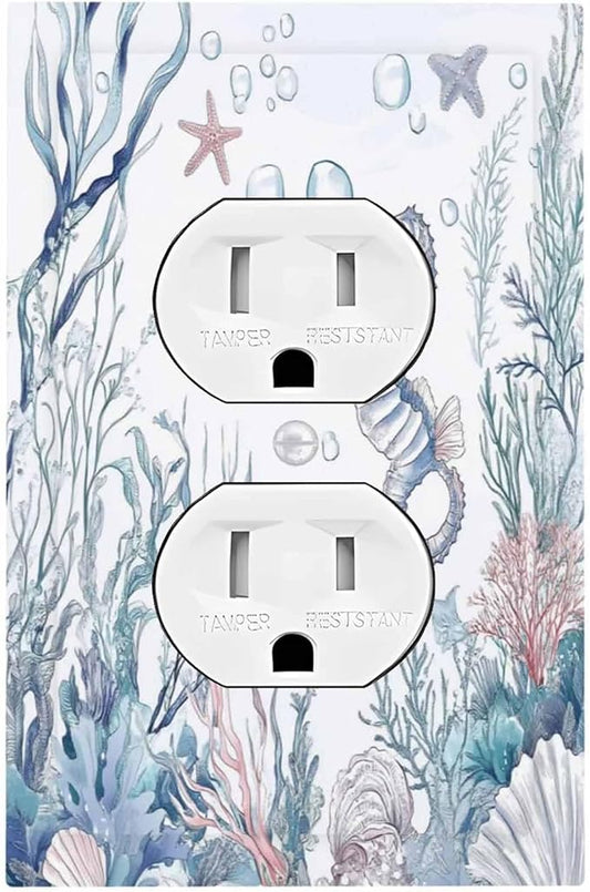 Outlet Covers Ocean Coral Seahorse Seashell Starfish 1 Gang Duplex Light Switch Cover Decorative Switch Plates Electrical Receptacle Faceplate Wall Plate For Bathroom Home Decor