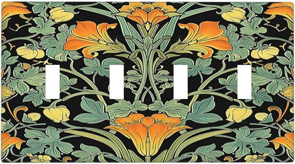 Light Switch Covers William Morris Vintage Floral Green Yellow Quad Toggle Electrical Faceplate 4 Gang Wall Plate Decorative Switch Plates for Bedroom Home Decor