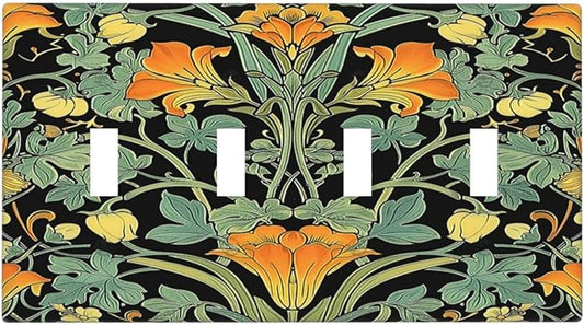 Light Switch Covers William Morris Vintage Floral Green Yellow Quad Toggle Electrical Faceplate 4 Gang Wall Plate Decorative Switch Plates for Bedroom Home Decor