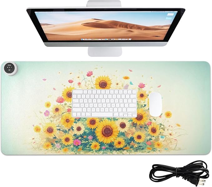 Large Heated Mouse Pad,Leather Desk Mat,31.5"x13",Hand Warmer Pads for Desk,Sunflower(Yellow)