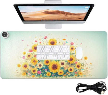 Large Heated Mouse Pad,Leather Desk Mat,31.5"x13",Hand Warmer Pads for Desk,Sunflower(Yellow)