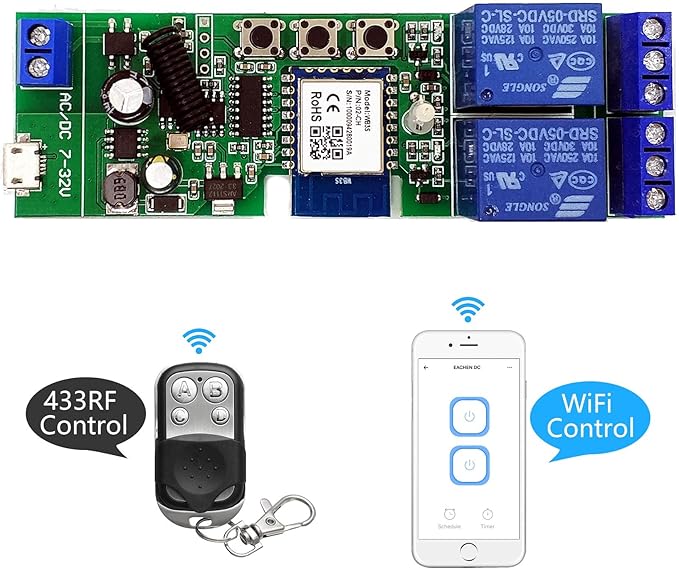 2 channelsWiFi Wireless Smart Switch Inching Self-locking Relay Module, be applied to access control Tuya SmartLife APP,DIY WIFI Garage Door Opener With 433 MHz RF remote control