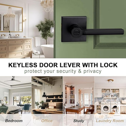 Privacy Door Lever, Heavy Duty Bathroom Bedroom Handle Lock, Keyless Interior Knobs, Matte Black, Reversible for Right&Left Handed, 1Pack