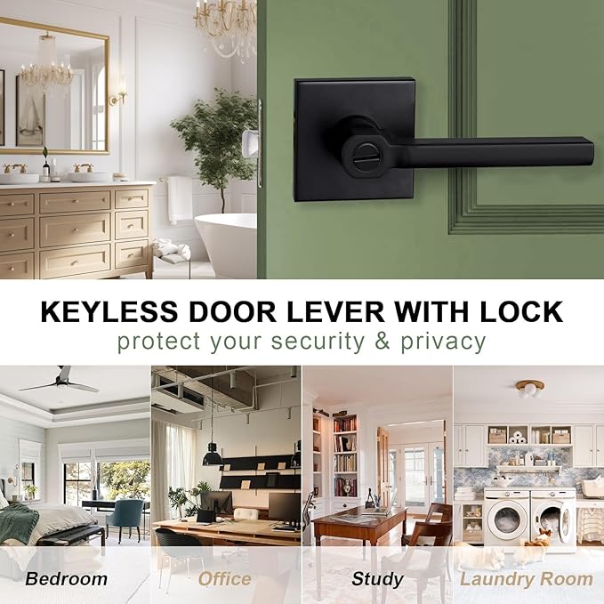 Privacy Door Lever, Heavy Duty Bathroom Bedroom Handle Lock, Keyless Interior Knobs, Matte Black, Reversible for Right&Left Handed, 20Packs