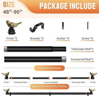 Decorative Black Curtain Rod 48 to 90 Inches Adjustable Drapery Rod with Bird Finials Heavy Duty Curtain Rods for Windows Living Room Kitchen