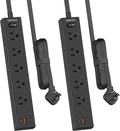Flat Plug Power Strip, 2 Pack, 5 Ft Ultra Thin Flat Extension Cord, Surge Protector with 5 Outlets & 3 USB Ports (2 USB C Slots), 1700 Joules, 3-Prong, Wall Mount for Home Office Dorm, Black