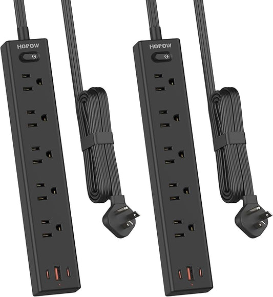 Flat Plug Power Strip, 2 Pack, 5 Ft Ultra Thin Flat Extension Cord, Surge Protector with 5 Outlets & 3 USB Ports (2 USB C Slots), 1700 Joules, 3-Prong, Wall Mount for Home Office Dorm, Black