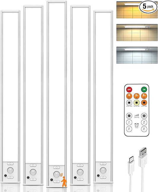 16in Under Cabinet Lighting Wireless, 160 LED Motion Sensor Light Indoor, Rechargeable Closet Lights with Remote Control, 3 Color Temps Under Counter Lights for Kitchen, Pantry, Stair, 5 Pack
