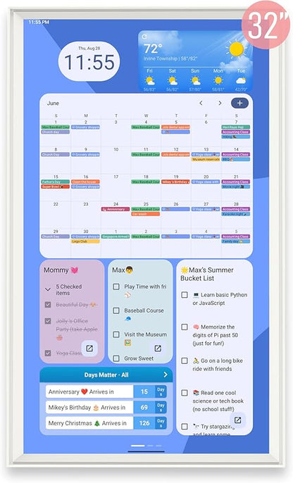32 Inch Digital Planner Wall Planner Touch Screen Chore Chart Syncs All Android Tablet Apps To Do List Notepad Electronic Smart Calendar Digital for Family Meal Planner Support Via App Store Wall Mount White (White, 32 Inch)