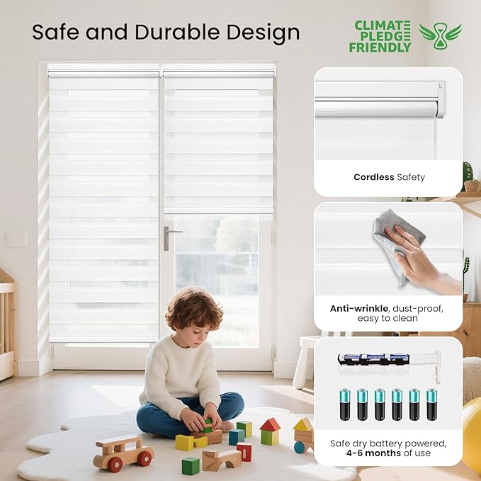 Grandekor Motorized Zebra Blinds with Remote Control,Smart Zebra Blinds for Windows,Electric Zebra Shades, White,35" W x 72" H