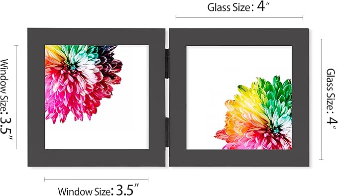 Double 4x4 Square Combo, Black Wood Picture Frame, 3.5x3.5 Opening Foldable Photo Frame on Table-top or Wall