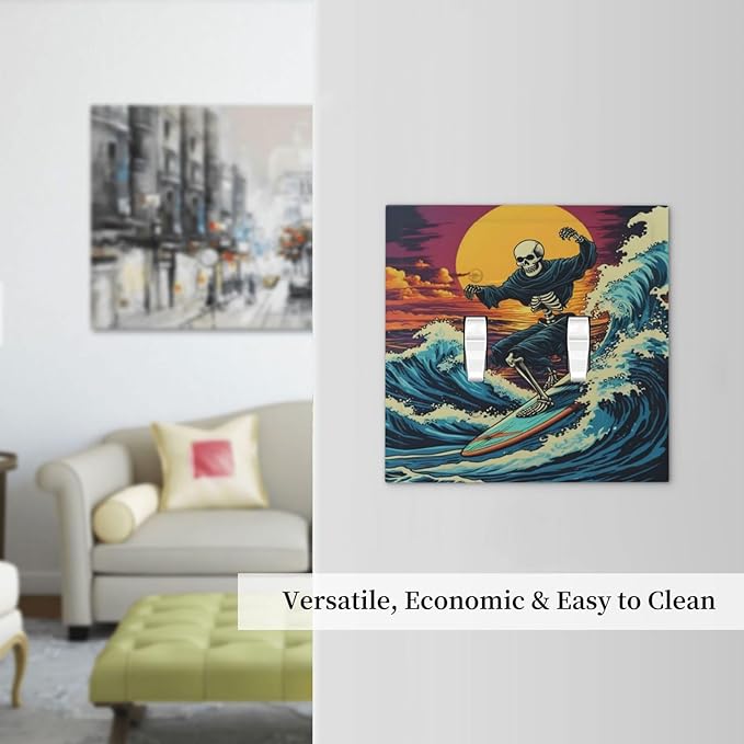 Skeleton Riding Surfboard on Wave In The Ocean Light Switch Covers Double Toggle 2 Gang Wall Plate Dual Decorative Switchplate Electrical Faceplate for Farmhouse Living Room Decor