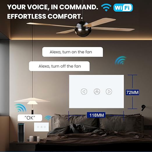 Smart Fan Switch 118X72X34MM Need Neutral Wire, 2.4GHz WiFi,Tempered Glass Panel, Multi-Control Way Work with Alexa and Smart Life, White WiFi Fan