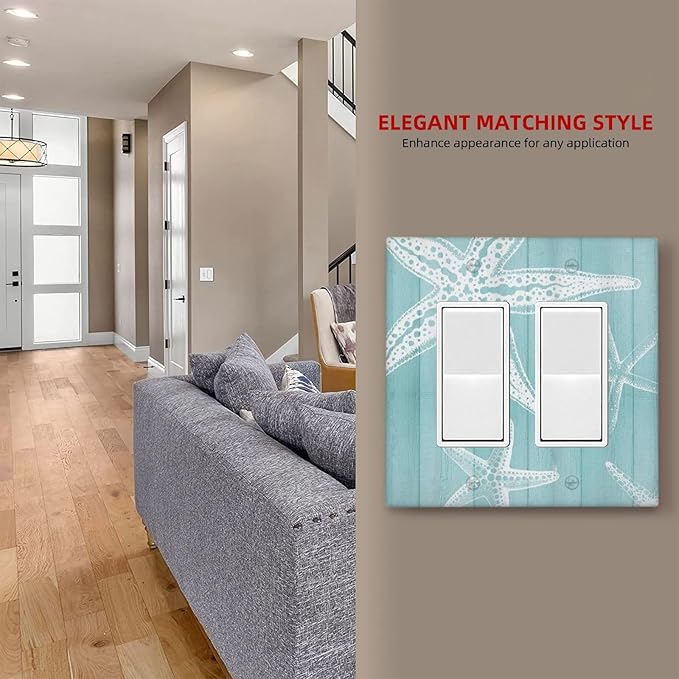 Decorative Outlet Covers Starfish Teal Wood Board Nautical 2 Gang Light Switch Cover Plate Double Rocker Wall Plates for Electrical Outlets Switch Plate Covers for Bedroom Home Decor
