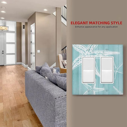 Decorative Outlet Covers Starfish Teal Wood Board Nautical 2 Gang Light Switch Cover Plate Double Rocker Wall Plates for Electrical Outlets Switch Plate Covers for Bedroom Home Decor