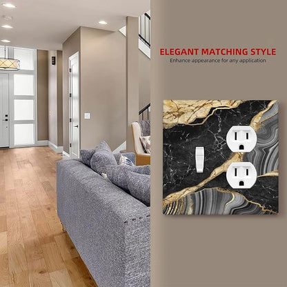 Decorative Outlet Covers Modern Abstract Black Gold Marble 2 Gang Wall Plate Single Toggle Duplex Light Switch Cover Switch Plate Covers for Bathroom Kitchen Home Decor